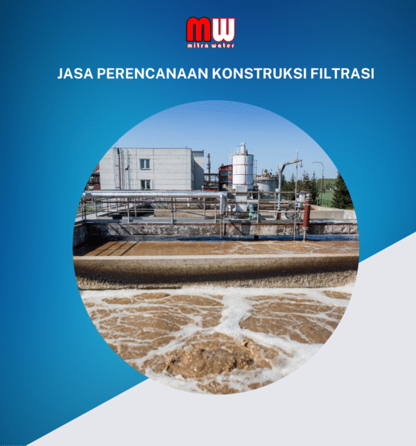 Ilustrasi teknik hitam putih seorang insinyur merancang sistem filtrasi air di atas meja dengan latar belakang tabung filter, pipa, dan pompa industri